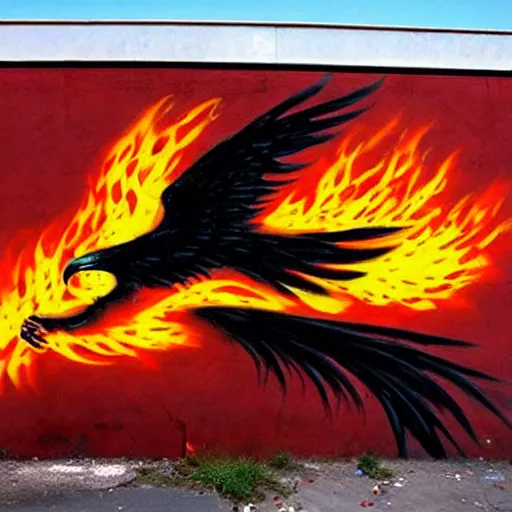 Prompt: Phoenix in fire, street art by bansky