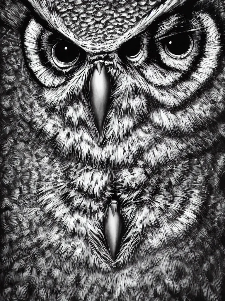 Prompt: beautiful hyperrealist highly detailed cinematic lighting studio portrait of a great horned owl, symmetrical full body, high contrast wood engraving, kentaro miura and charles burns manga style, shocking detail trending on artstation 8 k