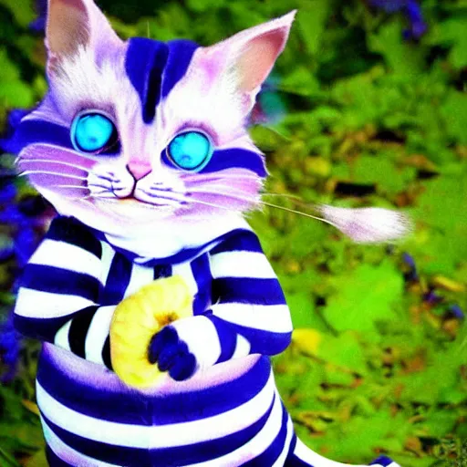 Image similar to cute blue striped cheshire cat from alice in wonderland. an adorable cat with light blue stripes, blue eyes and a big playful smile. award - winning digital art by mona sundberg