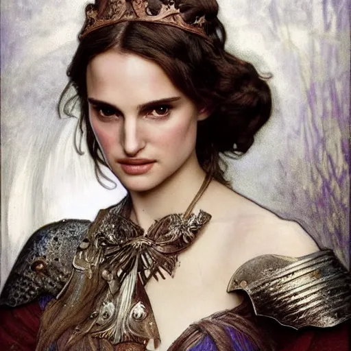 Prompt: head and shoulders portrait of a female knight, young natalie portman, by alphonse mucha, game of thrones, eldritch, silken hair, armored, etched breastplate, vogue fashion photo