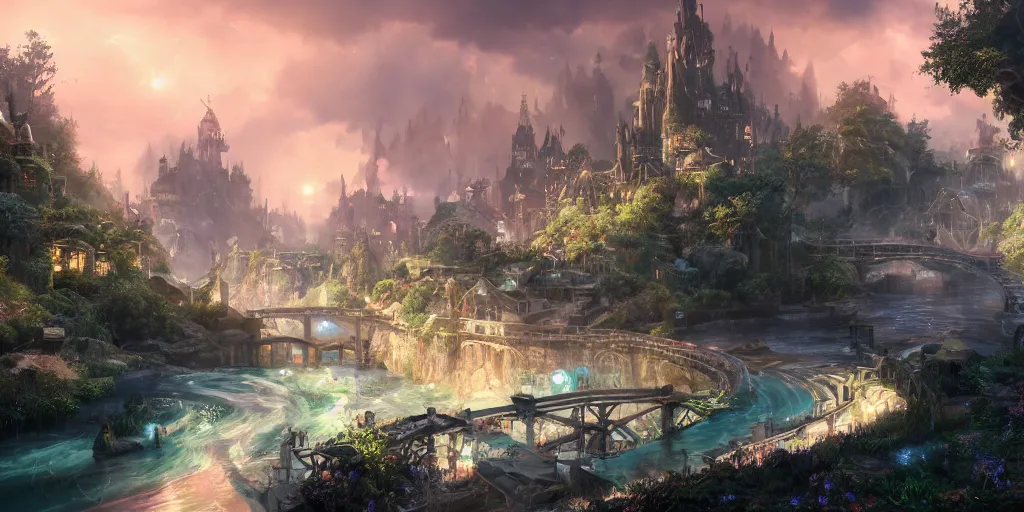 Prompt: beautiful and immersive magical town, magical buildings, bioluminescent forest surrounding, gentle rivers flowing through town, award - winning digital art on pixiv, trending on artstation - cinematic lighting, dramatic lighting, stunning and beautiful view - unbelievably amazing - highly detailed, hyperrealistic, unreal engine 5, in the style of kingdom hearts and final fantasy