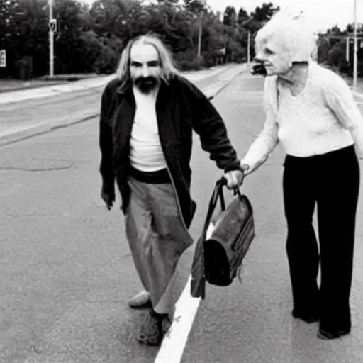 Prompt: Charles Manson helping an old lady crossing the road