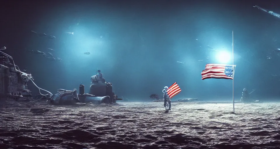 Image similar to astronaut holding a flag in an underwater desert. a submarine is visible in the distance. dark, concept art, cinematic, dramatic, atmospheric, 8 k, trending on artstation, blue, fish, low visibility, fog, ocean floor, christopher nolan, interstellar