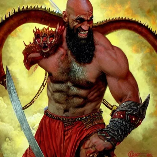 Image similar to a detailed rendition of kratos as lebron james riding a gigantic fire breathing dragon, art by norman rockwell