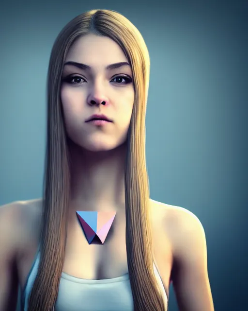 Image similar to realistic concept of a young female game character with big equilateral triangle in place of a mouth, detailed portrait, bokeh. 8k, sharp high quality photo