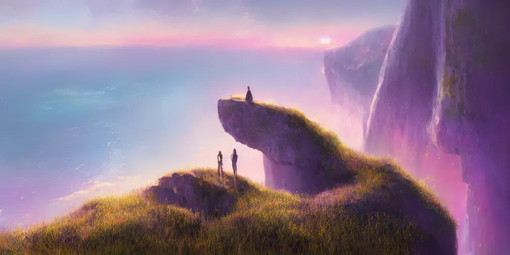 Prompt: Field on the edge of a cliff overlooking the ocean by Jessica Rossier, purple color scheme