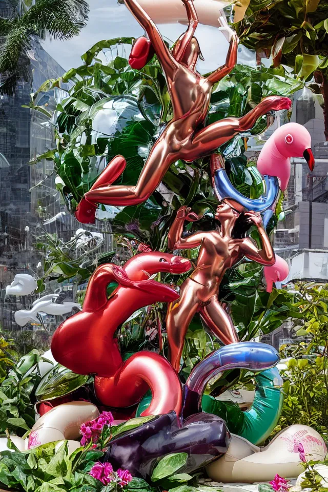 Image similar to close - up of a cyborg chrome nymph statue wrestling with a giant inflatable flamingo pool float, surrounded by medinilla magnifica flowers and smoke, by jeff koons, hajime soryama, boris vallejo, artgerm, greg rutkowski, alphonse mucha