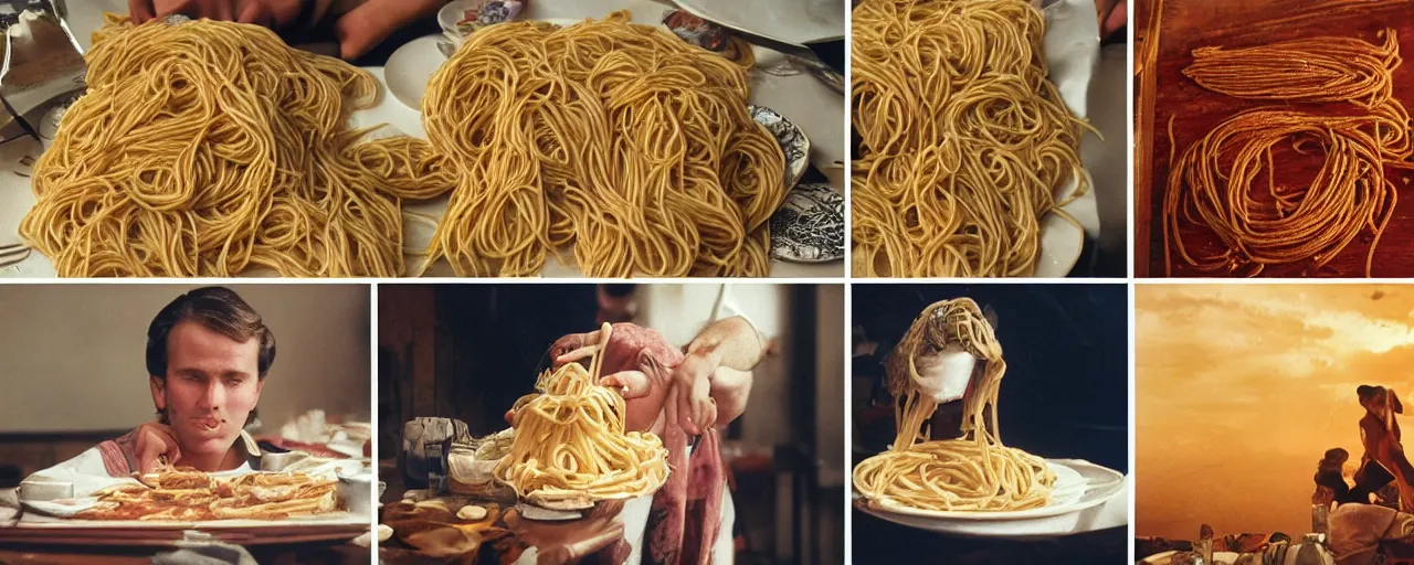 Prompt: famous moments in history that include spaghetti, small details, intricate, canon 5 0 mm, wes anderson film, kodachrome