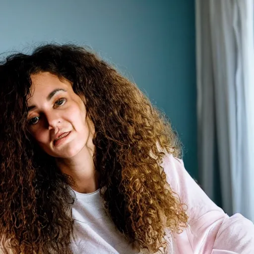 Prompt: a woman with long curly hair sitting in a room