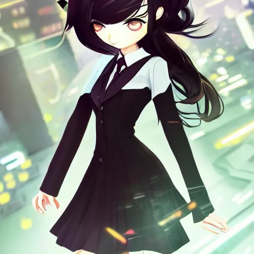 Image similar to luxury advertisement, astonishing portrait of a very beautiful anime schoolgirl with black bob hair in style of cytus and deemo, full perfect face, she is dancing, set in Half-life. Realistic, highly detailed background, artstation, 120 degree view, drawn by Sasoura, Satchely and Akihiko Yoshida, no distortion