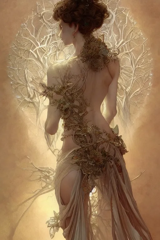 Image similar to a full body portrait of a beautiful ethereal delicate arborial mage queen meditative sacral pose catholic stages of the cross, intricate, elegant, highly detailed, digital painting, artstation, concept art, smooth, sharp focus, illustration, art by krenz cushart and artem demura and alphonse mucha