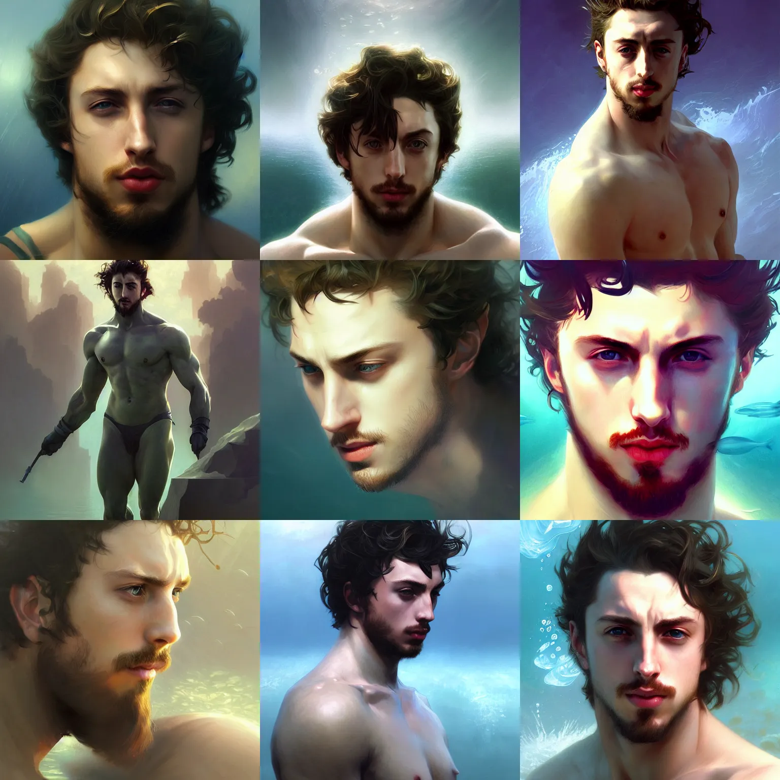 Prompt: character concept portrait, centralized, underwater aaron taylor johnson, ocean background, style digital painting, concept art, smooth, sharp focus, illustration, from metal gear, by ruan jia and mandy jurgens and william - adolphe bouguereau, artgerm