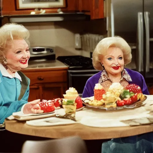 Image similar to betty white in golden girs ( tv ) eating cheesecake in the kitchen with her friends.