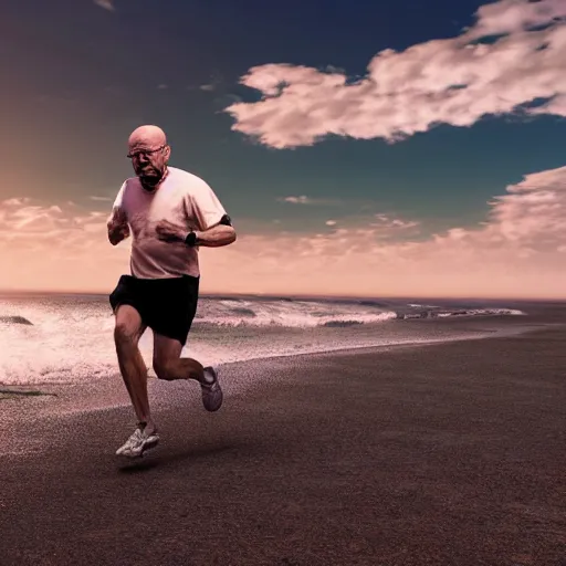 Image similar to Walter White running on the beach, artistic, 8k, cinematic