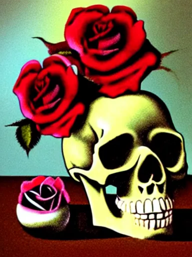 Prompt: still life of a skull, roses and a tarantula