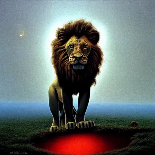 Prompt: The Lion King in style of Zdislaw Beksinski