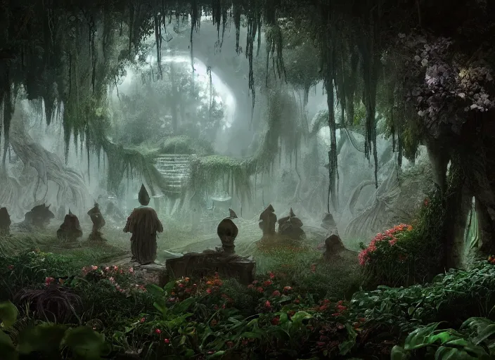 Prompt: secret garden, odd looking creatures, spooky, dark, in the style of pan's labyrinth movie, concept art, unreal engine 5, matte painting, artstation, caspar friedrich, wlop