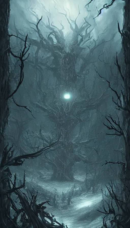 Image similar to a storm vortex made of many demonic eyes and teeth over a forest, by artstation