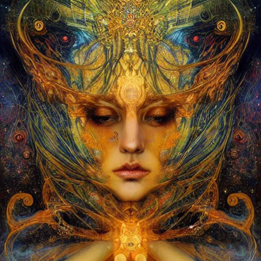 Image similar to Divine Chaos Engine by Karol Bak, Jean Deville, Gustav Klimt, and Vincent Van Gogh, beautiful visionary mystical portrait, sacred geometry, otherworldly, fractal structures, ornate gilded medieval icon, third eye, spirals