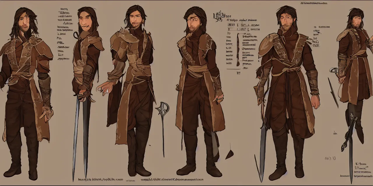 Prompt: character reference sheet for a male bardic swordsman with semi-long brown hair, wearing a brown swordsman jacket and wielding a sword