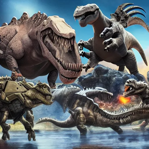 Image similar to mechs fighting dinosaurs