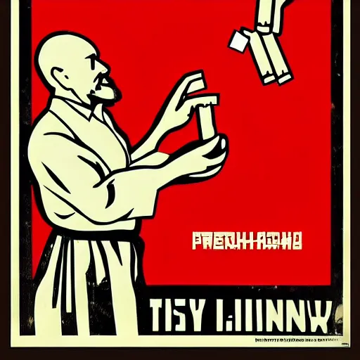 Prompt: “a communist! propaganda poster of Lenin emptying a bag of cigarettes over tiny hungry peasants. Black red and white. Award winning abstract poster art”