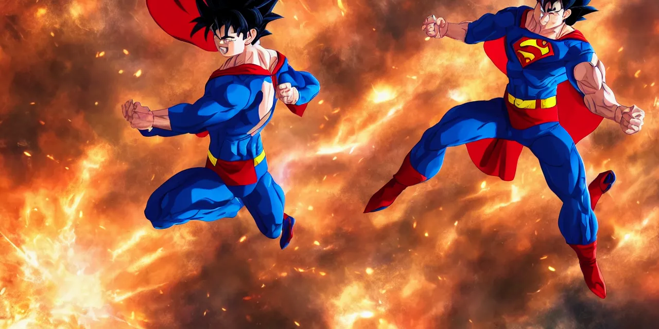 Image similar to Son Goku as Superman, cool, dramatic, hyperdetailed, artstation, photorealism, accurate, octane render, 8k,
