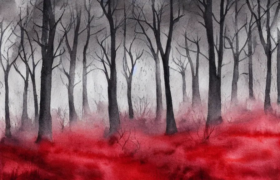 Prompt: graveyard in a dark and gloomy forest and red stream, dark gray sky with red rain, watercolor painting