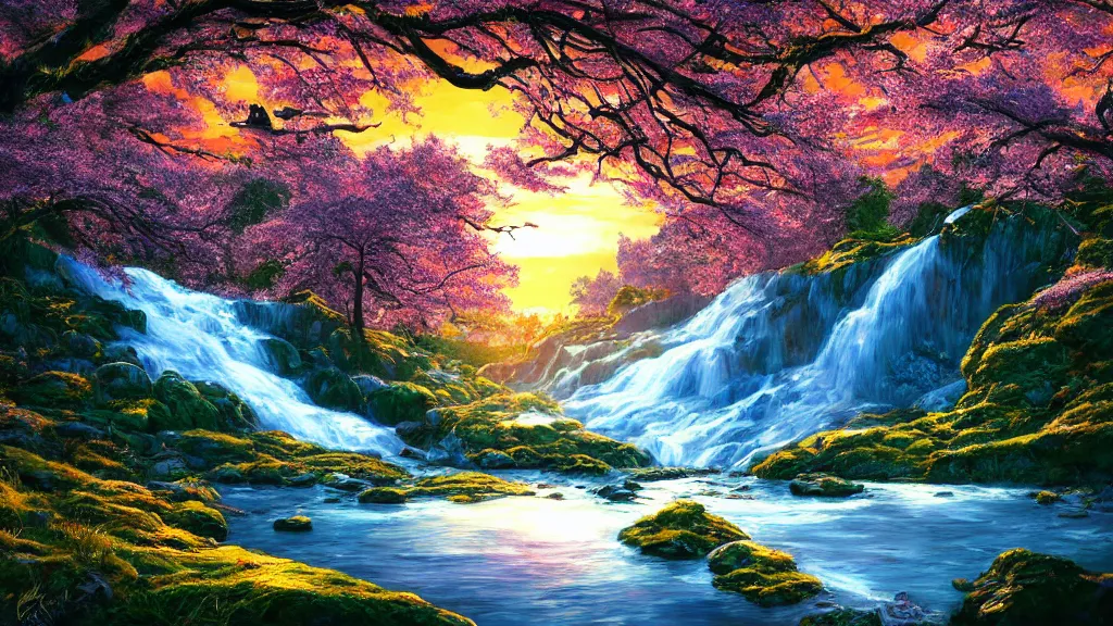 Prompt: featured on artstation cherry tree overlooking valley waterfall sunset beautiful image stylized digital art