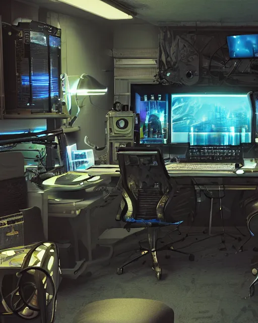 Prompt: scifi scene of a complex computer workstation in a small studio apartment room, many monitors, many electronics, very detailed, maximalism, unreal engine, hyper realism, realistic shading, cinematic composition, realistic render, octane render, detailed textures, photorealistic, by doug chiang, wide shot