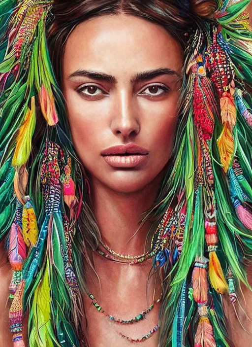 Image similar to beautiful portrait of Irina Shayk wearing fantastic Hand-dyed cotton dress,embellished beaded feather decorative fringe knots ,colorful pigtail,subtropical flowers and plants,symmetrical face,intricate,elegant,highly detailed,8k,post-processing,digital painting,trending on pinterest,harper's bazaar,concept art, sharp focus, illustration, by artgerm,Tom Bagshaw,Lawrence Alma-Tadema,greg rutkowski,alphonse Mucha