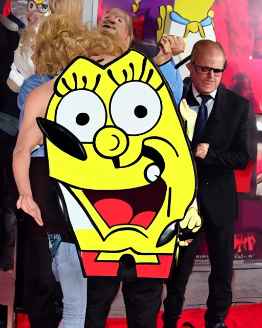 Image similar to Paparazzi photographers a terrified SpongeBob SquarePants at his movie premiere, photorealistic