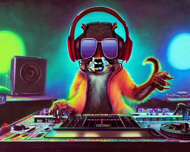 Prompt: low angle photo of an anthropomorphic squirrel dj wearing colored sunglasses, stadning at a dj table playing techno music at a dance club, wearing beats by dr. dre headphones, intricate, smoke, colored spotlights, fantasy character art, concept art, oil painting, illustration, by jason felix, by greg rutkowski, charlie bowater, artgerm,