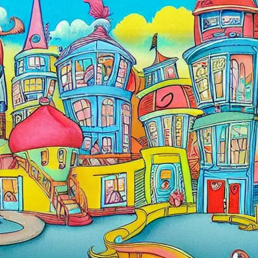 Image similar to fanciful city filled with curvy buildings, by dr seuss, the lorax,, arches, platforms, towers, bridges, stairs, colorful kids book illustration, oh the places you'll go