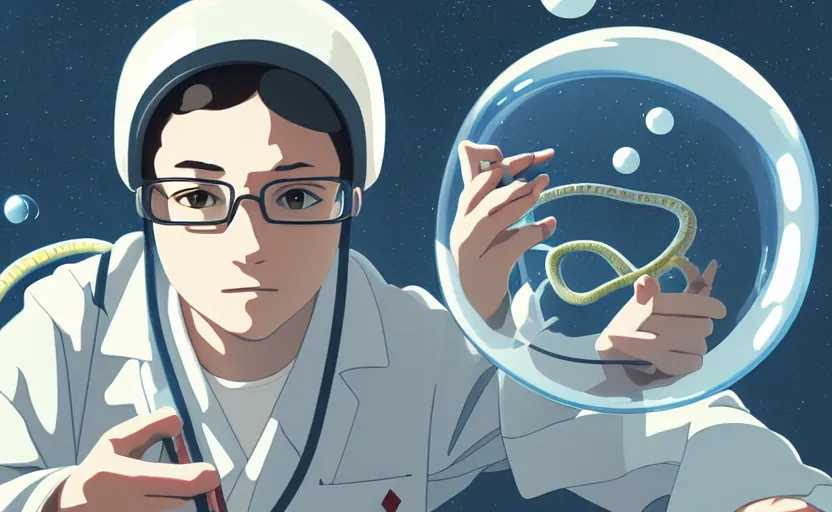 Image similar to a film still portrait of a nerdy scientist rocketing in a hallway cubic snake bubble, finely detailed features, closeup at the faces, chronenberg, perfect art, grimdark, trending on pixiv fanbox, painted by studio ghibli