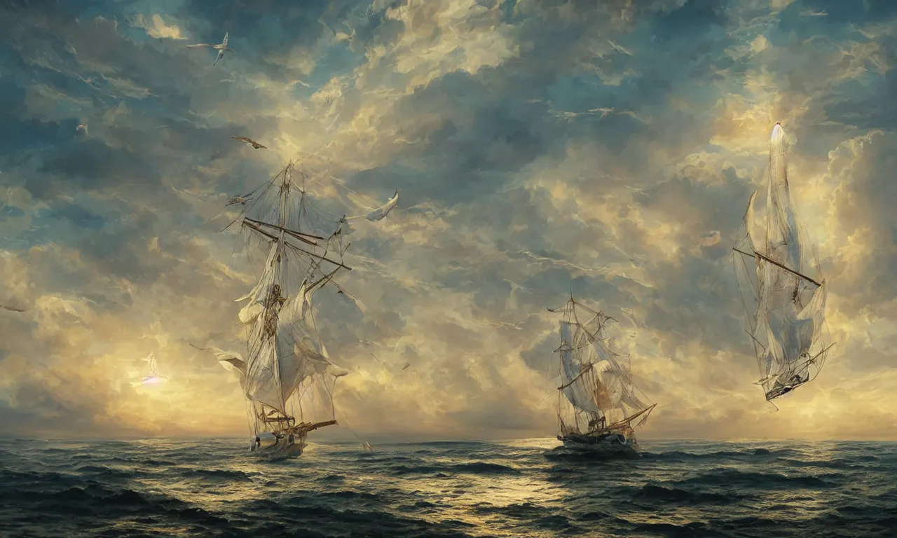 Image similar to a beautiful digital painting of a white caravel flying in the clouds, birds in the sunlight, numerous golden ropes and intricated sails, blue sky at sunset, elegant, highly detailed, artstation, concept art, matte, sharp focus, art by tom bagshaw, kelogsloops and greg rutkowski