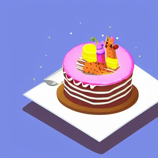 Prompt: an isometric 3 d render of a llama eating a cake, cute art, isometric art