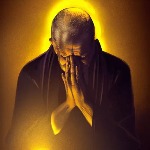 Image similar to An old catholic priest kneeled in fervent prayer. He is looking above him. His eyes are wide open with fear. Ominous dramatic yellow lighting. Overhead view, award-winning digital art, trending on ArtStation