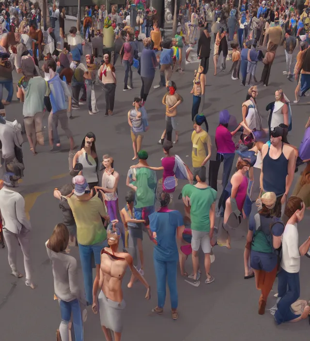 Prompt: crowds on the street have puppet's line on theirs bodies. concept art, unreal engine 5, maya