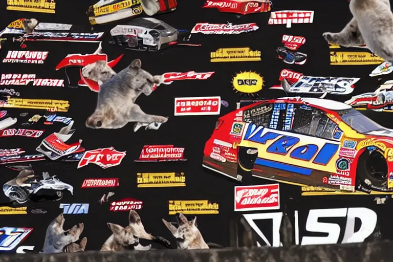 Image similar to vfx movie nascar driver man covered in corporate sponsor logos holding up bone for pack of dogs in the u. s. senate, interior. by emmanuel lubezki