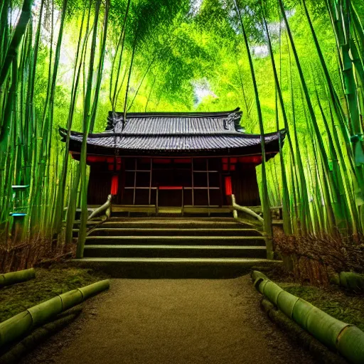 Image similar to photo of a small Japanese temple hidden in a bamboo forest, cinematic, light rays, beautiful, 8k,