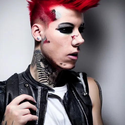 Prompt: young man with a short red dyed mohawk, red eyes and a slim face, dressed in punk clothing, punk style, headshot photo, attractive, handsome, in color, no makeup, model