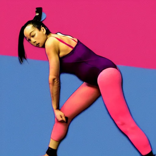 Image similar to a woman wearing a leotard using an exercise ball, 90s' anime training tape aesthetic.