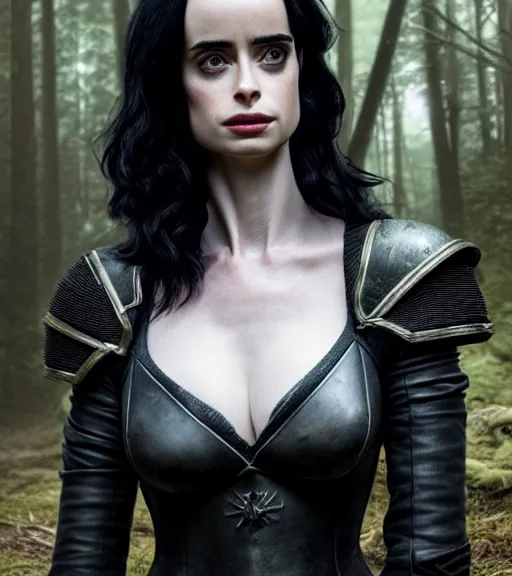 Prompt: 5 5 mm portrait photo of krysten ritter as yennefer of vengerberg in black leather armor and black hair, in a forest. magical atmosphere. art by greg rutkowski. lifelike. very detailed 8 k. intricate. soft light. nikon d 8 5 0.
