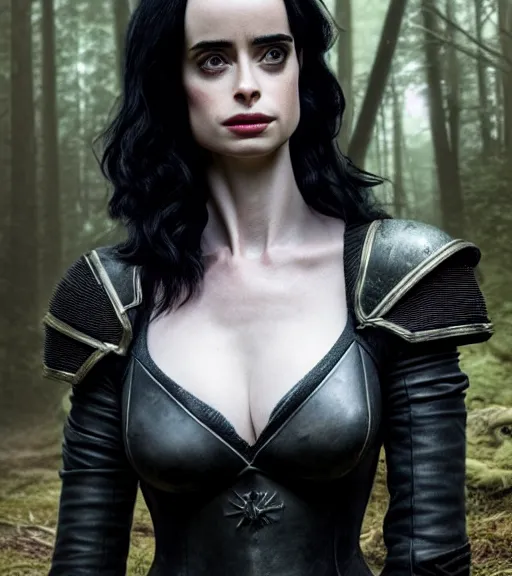 Image similar to 5 5 mm portrait photo of krysten ritter as yennefer of vengerberg in black leather armor and black hair, in a forest. magical atmosphere. art by greg rutkowski. lifelike. very detailed 8 k. intricate. soft light. nikon d 8 5 0.