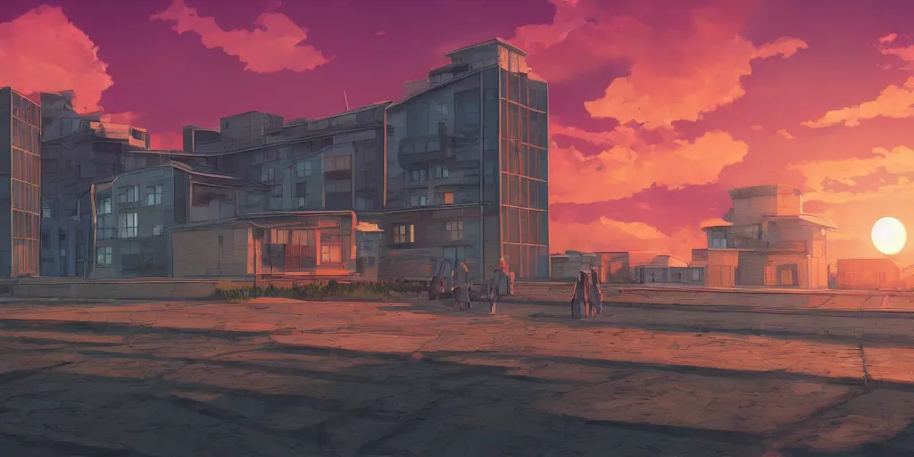 Image similar to a soviet city panel building house with sunset sky, ultra high quality, 4 k, by miyazaki and makoto shinkai, anime screenshot, colorful, artstation, pixiv,