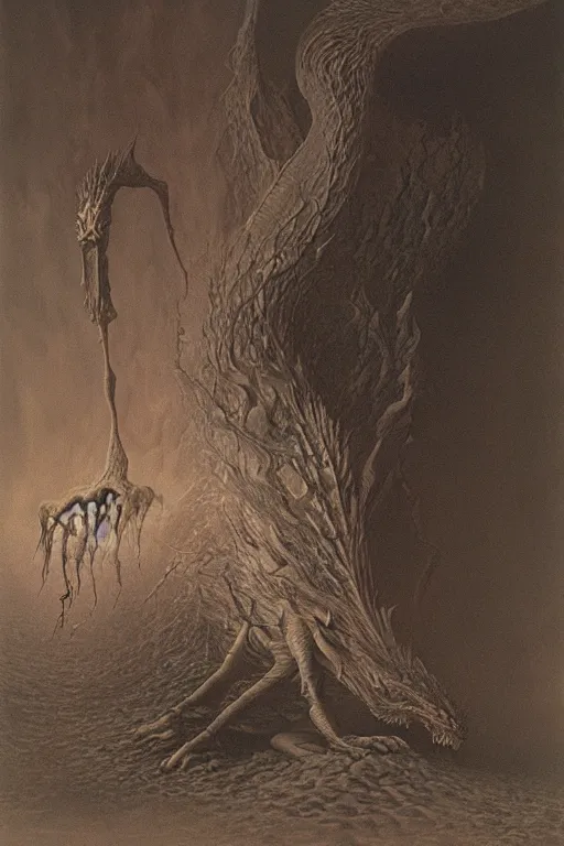 Prompt: zdzisław beksinski painting. a dragon protecting its hoard