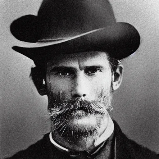 Image similar to A photograph portrait of Jerma985 as a cowboy with a pyramidal mustache in the late 1800s, taken in the late 1800s, 1870s, grainy, taken on a Field View Camera, realistic, hyperrealistic, very realistic, highly detailed, very detailed, extremely detailed, detailed, digital art, trending on artstation