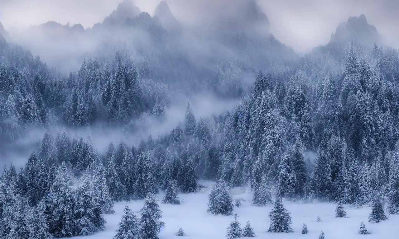 Prompt: a beautiful photograph of a misty snowy mountain range, photorealistic, 4 k