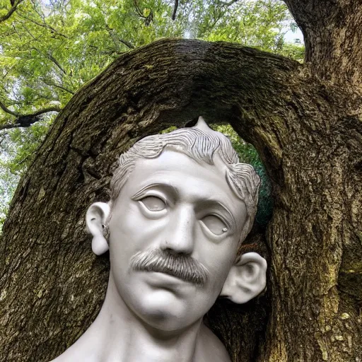 Prompt: an oak tree pruned and shaped to resemble a human head in profile